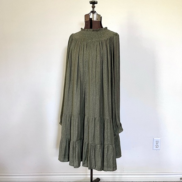 LOFT Fresh Ivy Green Smocked Yoke Swing Dress Women Size XL Long Sleeve Olive - Picture 3 of 11
